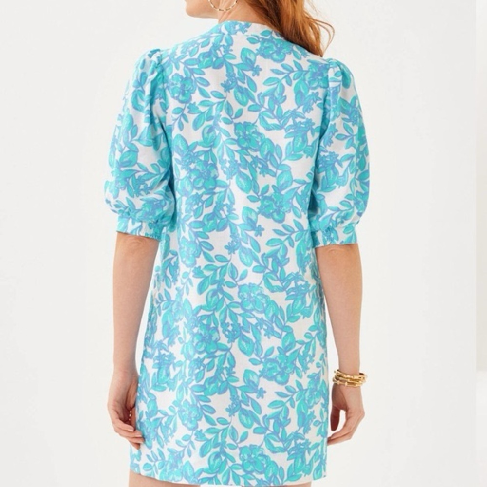 Lilly Pulitzler Mialeigh Elbow Sleeve Linen Dress Blue Simply The Zest Size 00 - Picture 2 of 10